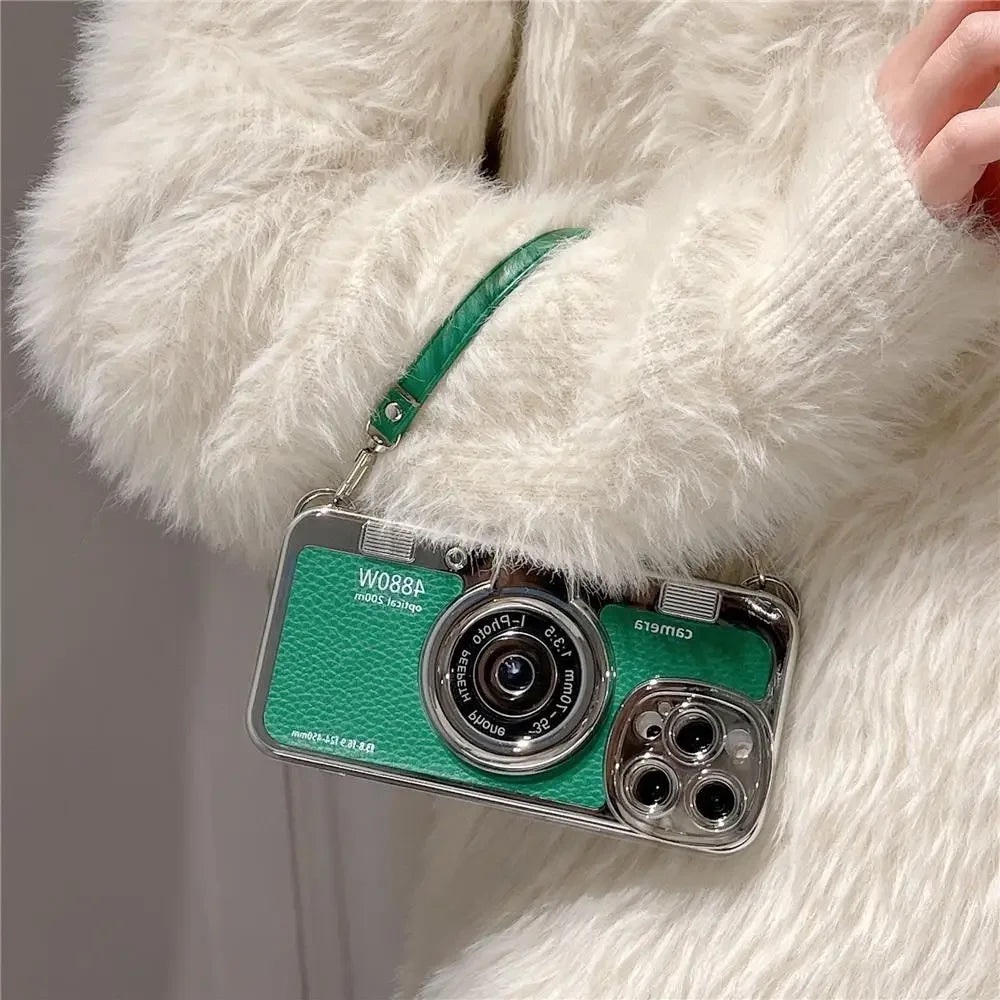3D Retro Camera Graphic Phone Case PU Leather Strap For ***iPhone 13 Pro Max***